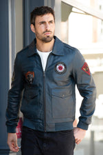 Ocean blue leather aviator jacket with shirt collar - Image n°1