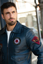 Ocean blue leather aviator jacket with shirt collar - Image n°2
