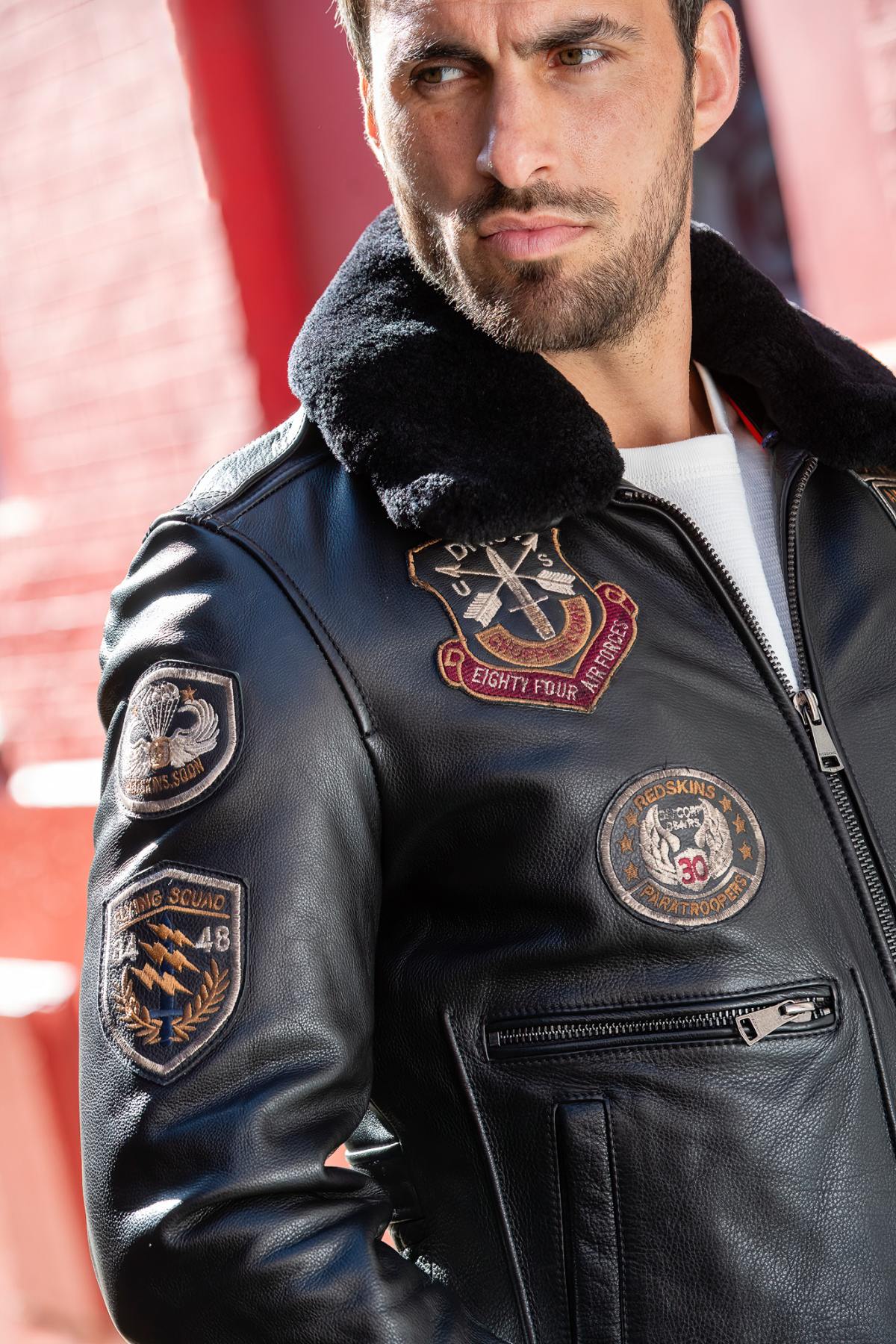 Black leather aviator jacket with patches - Image n°5