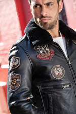 Black leather aviator jacket with patches - Image n°5