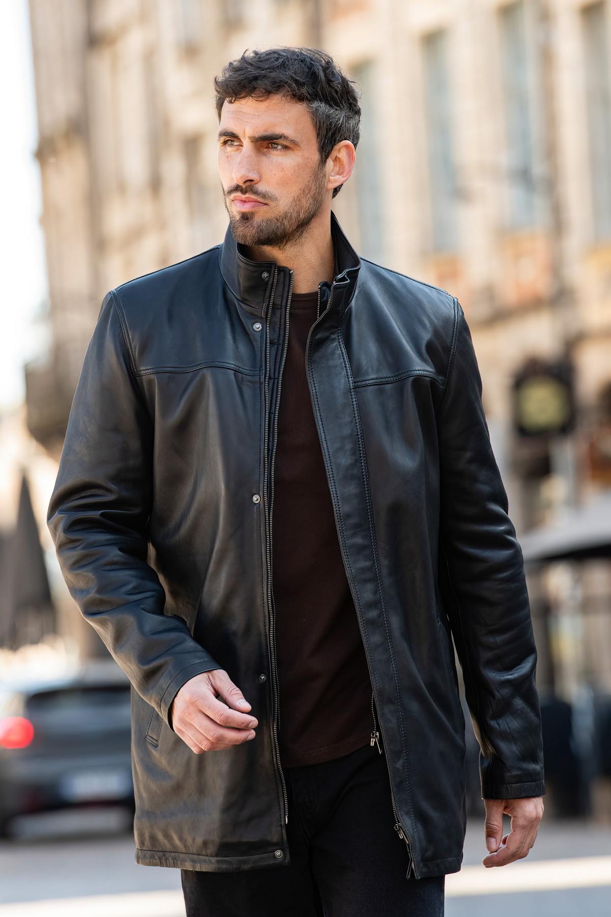 Men's black leather jacket with removable facing - Image n°1