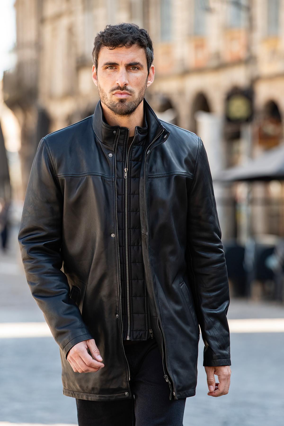 Men's black leather jacket with removable facing - Image n°6