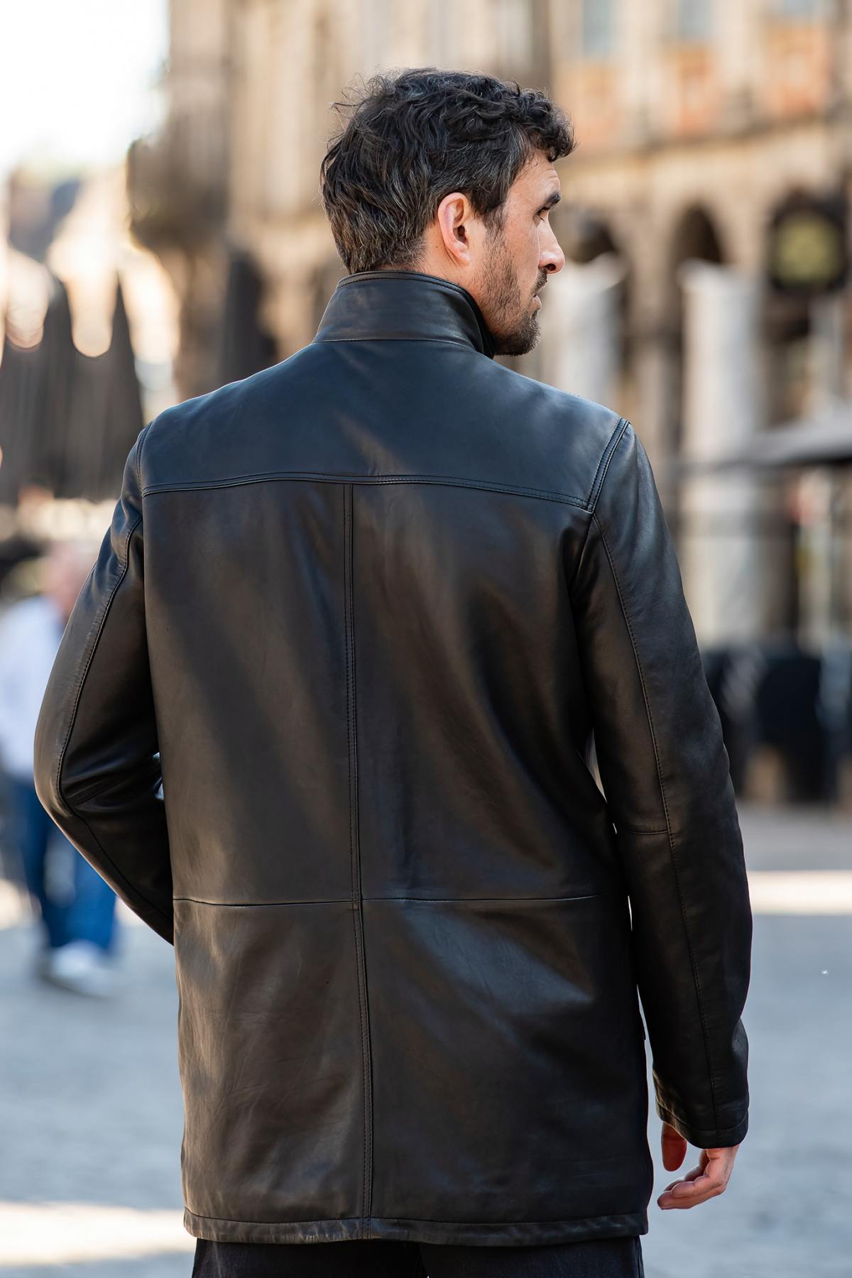 Men's black leather jacket with removable facing - Image n°2