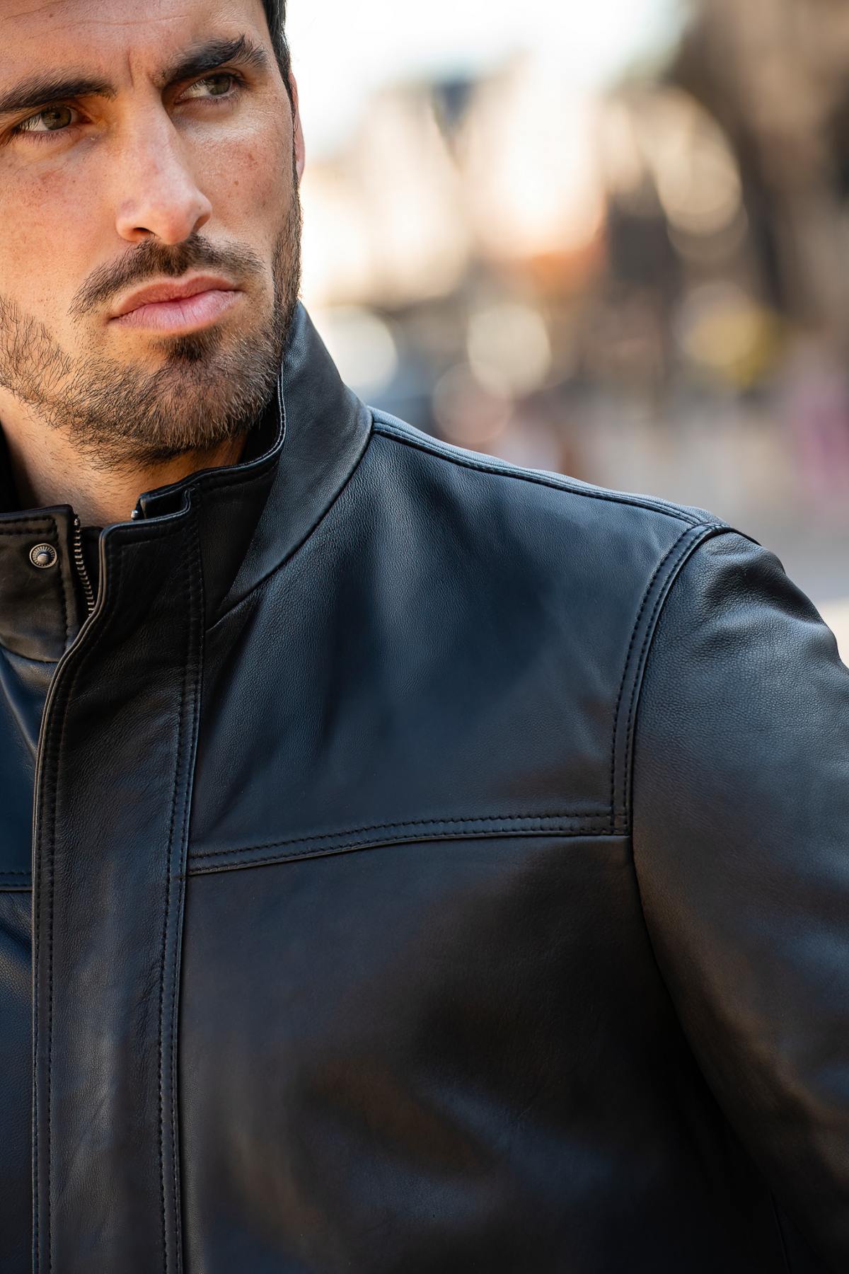 Men's black leather jacket with removable facing - Image n°4