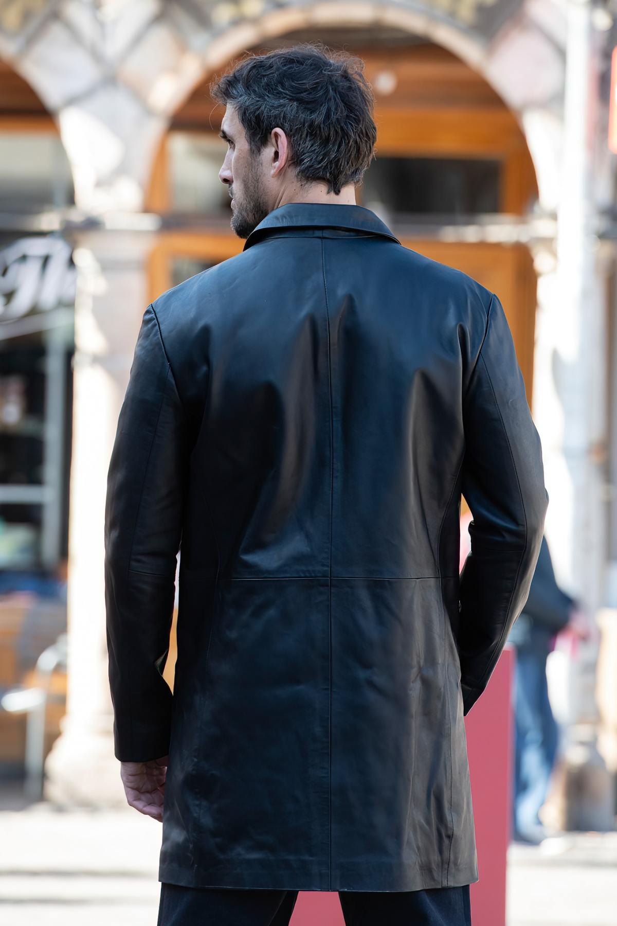 Men's Black Leather 3/4 Length Jacket - Image n°2