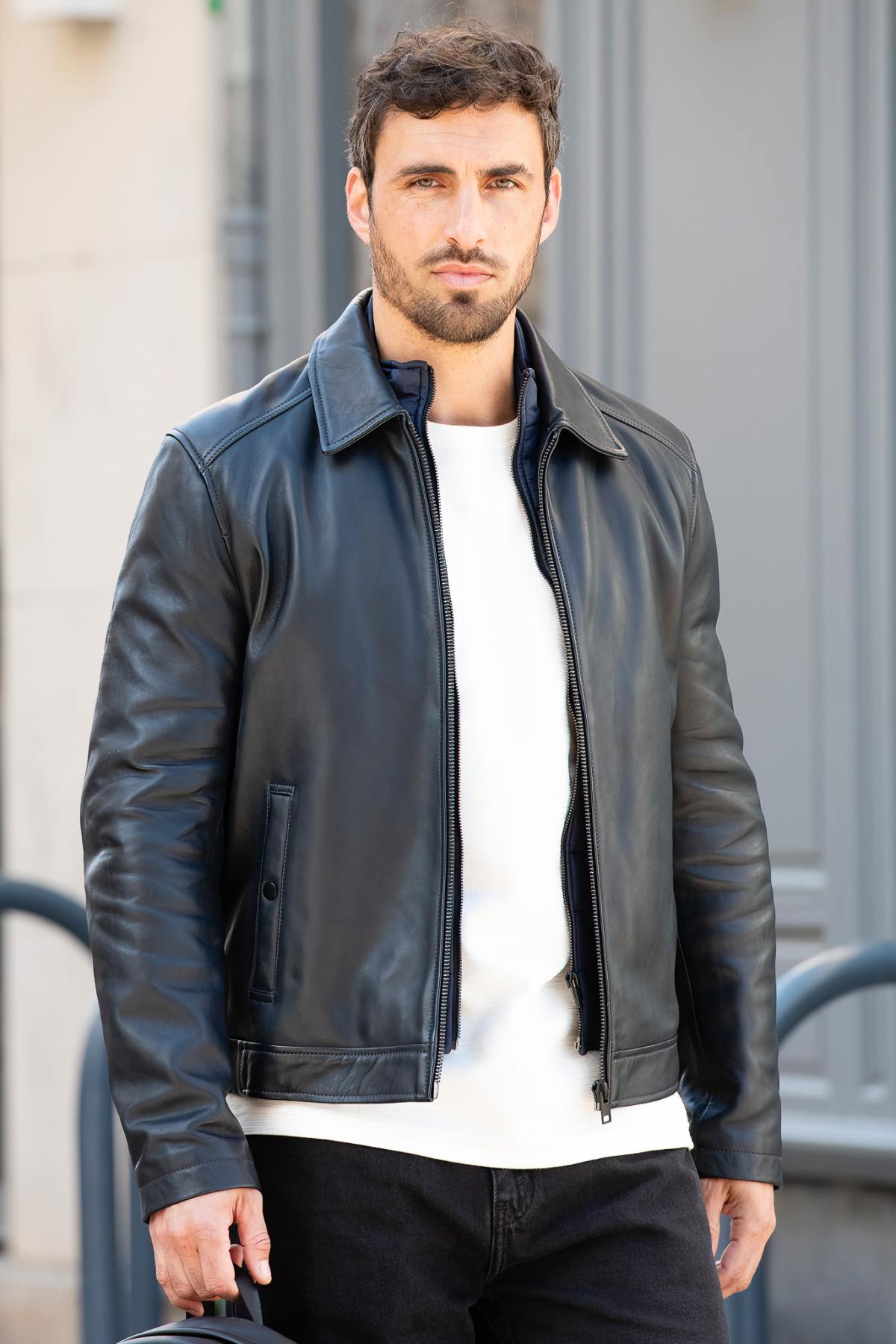 Navy blue leather jacket with a clean, shirt-collar design and removable facing - Image n°7