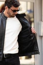 Men's full black biker collar leather jacket - Image n°6