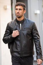 Men's full black biker collar leather jacket - Image n°5