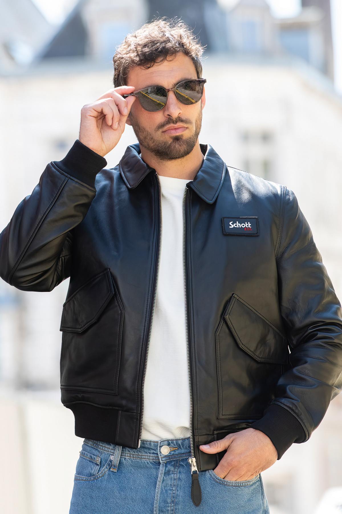 CWU black leather jacket with removable Velcro logo - Image n°2