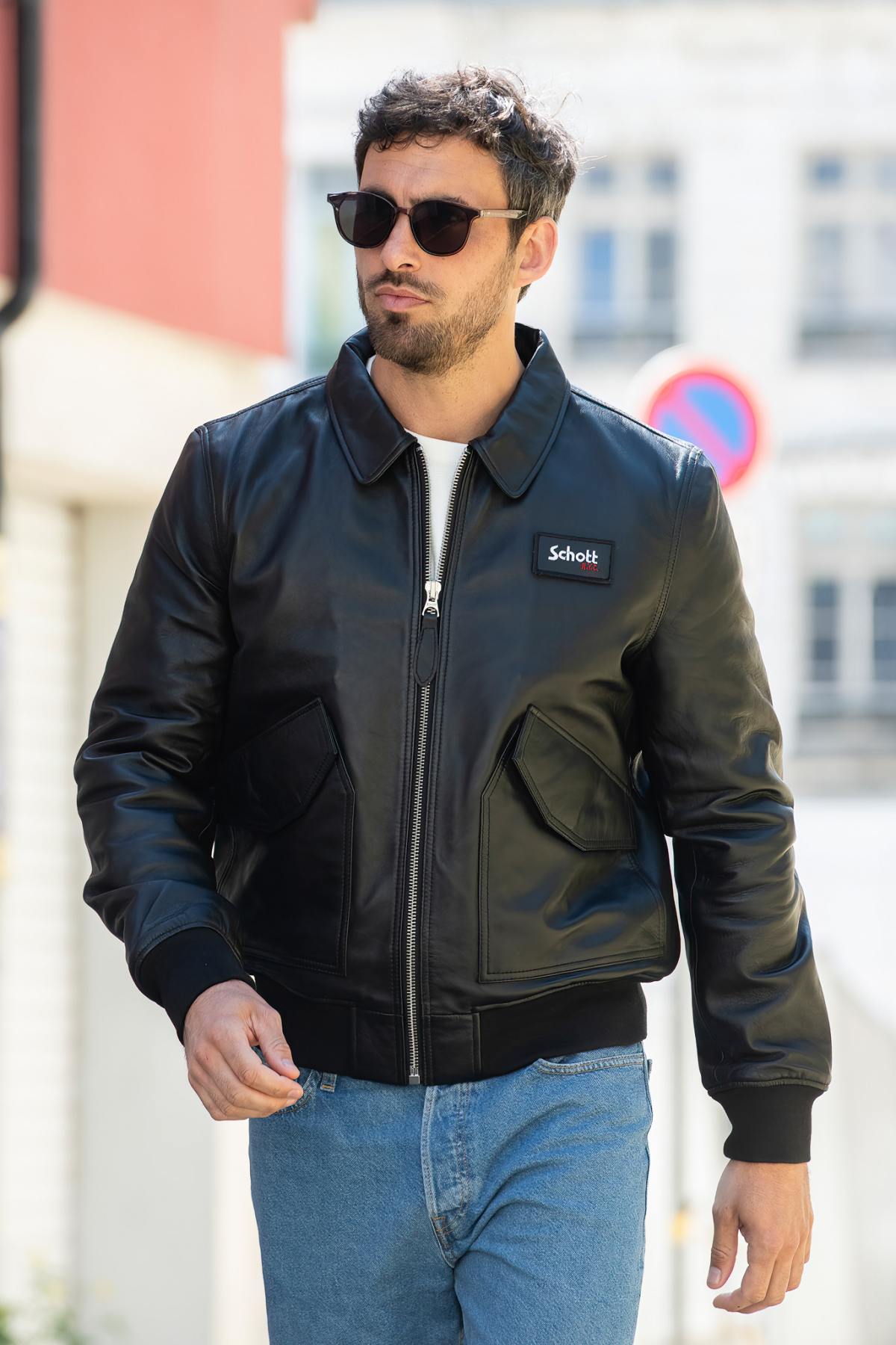 CWU black leather jacket with removable Velcro logo - Image n°1