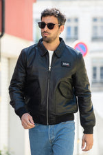 CWU black leather jacket with removable Velcro logo - Image n°1