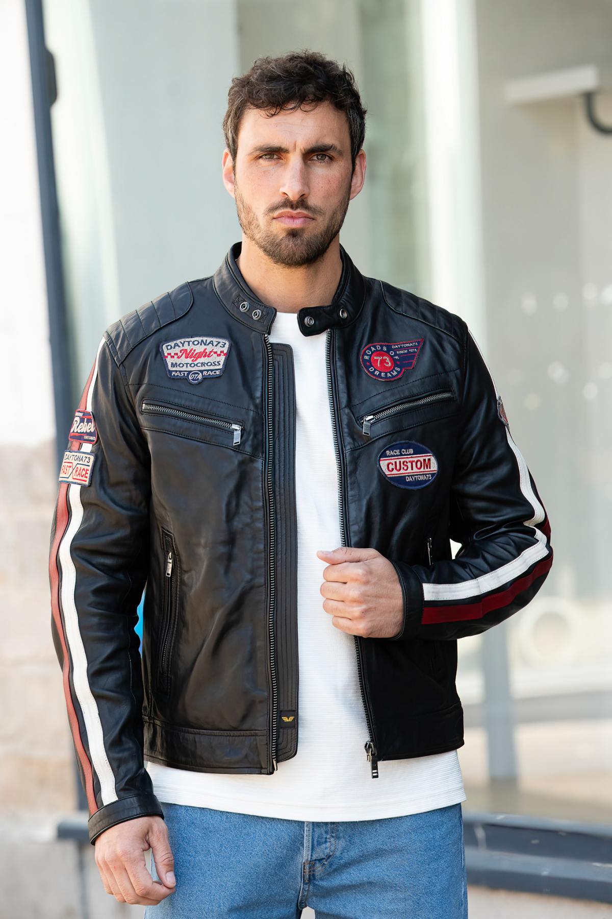 Black patched leather biker jacket - Image n°6