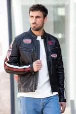 Black patched leather biker jacket - Image n°1