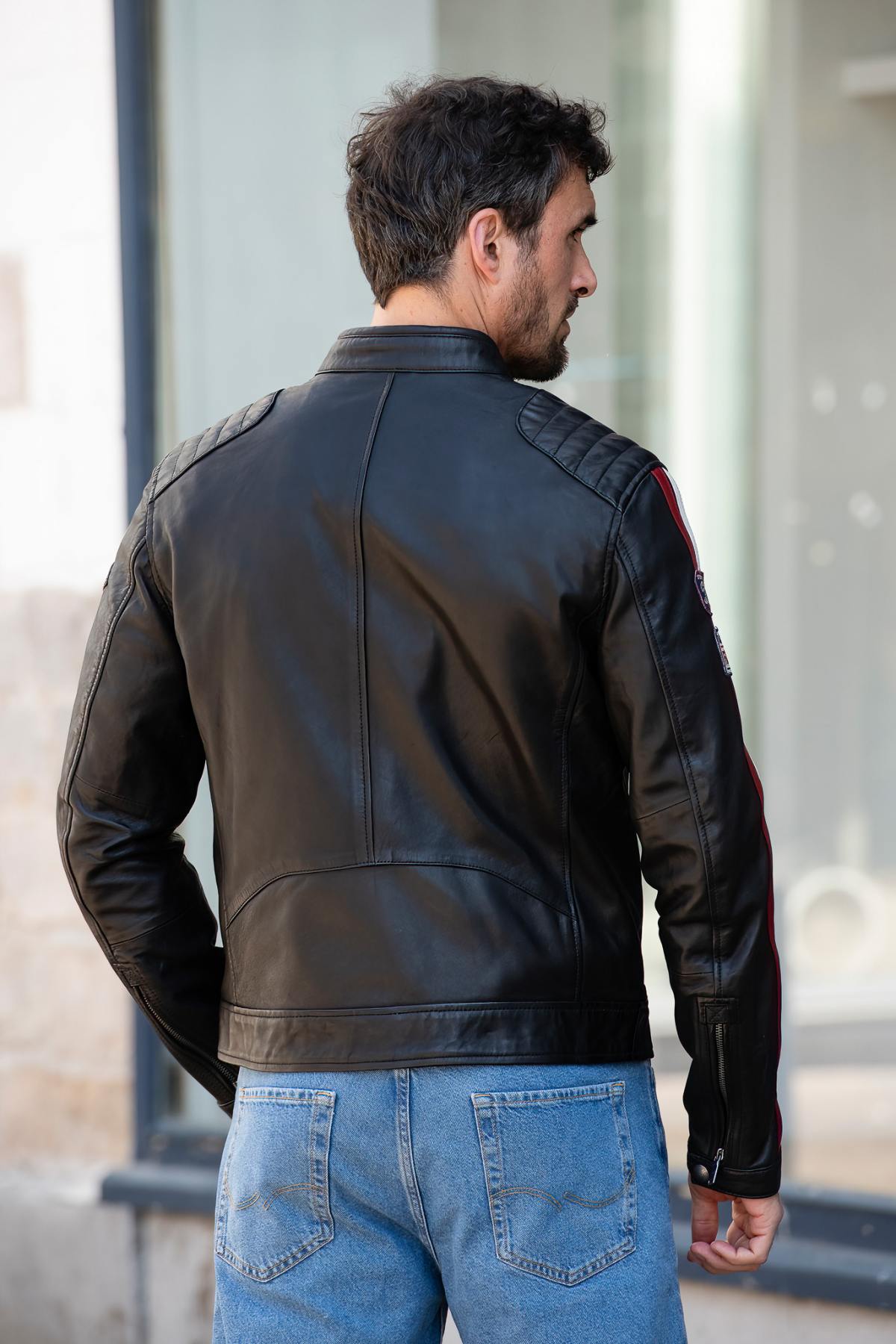 Black patched leather biker jacket - Image n°2