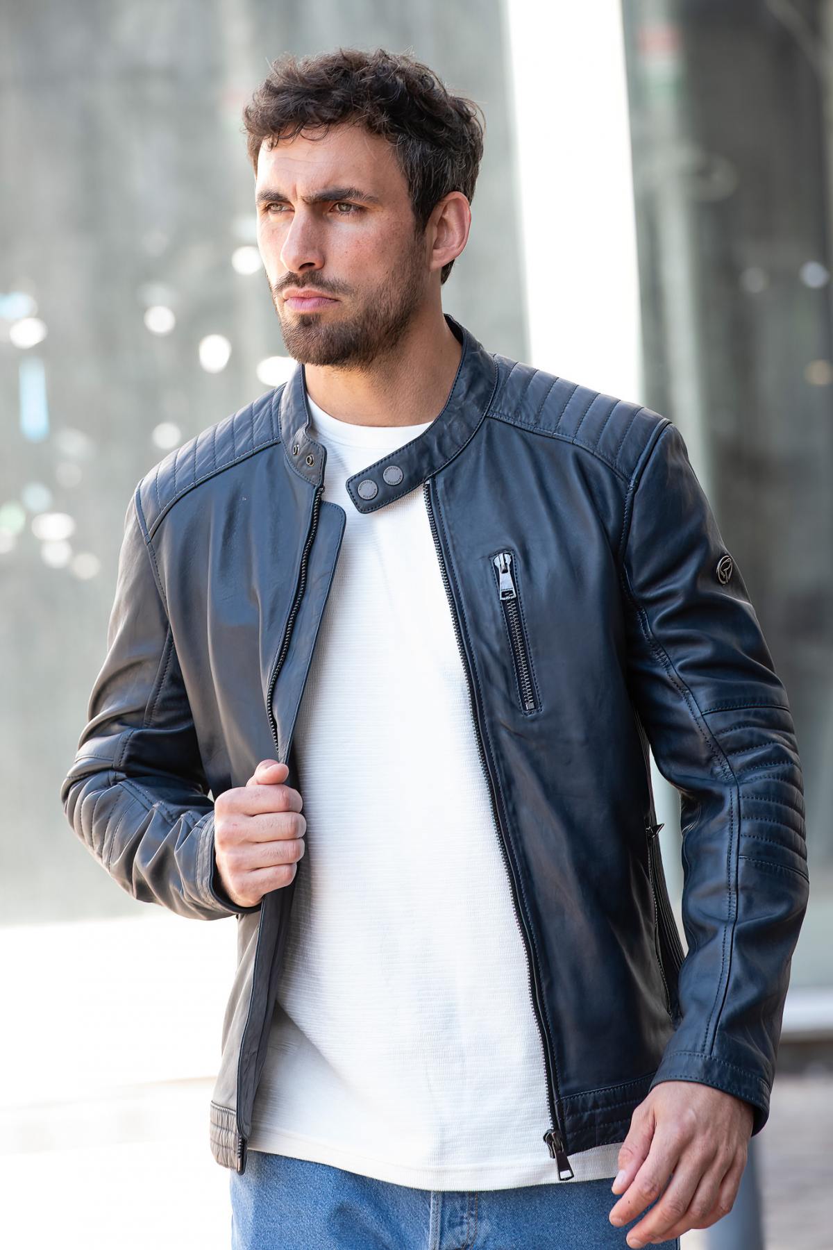 Ocean blue biker-collar leather jacket - Image n°5