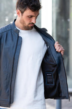 Ocean blue biker-collar leather jacket - Image n°6