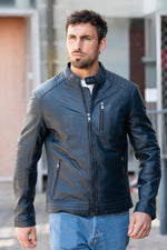Ocean blue biker-collar leather jacket - Image n°1