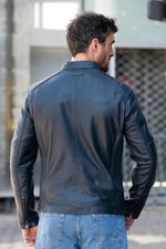 Ocean blue biker-collar leather jacket - Image n°2