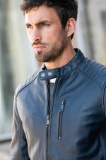 Ocean blue biker-collar leather jacket - Image n°3