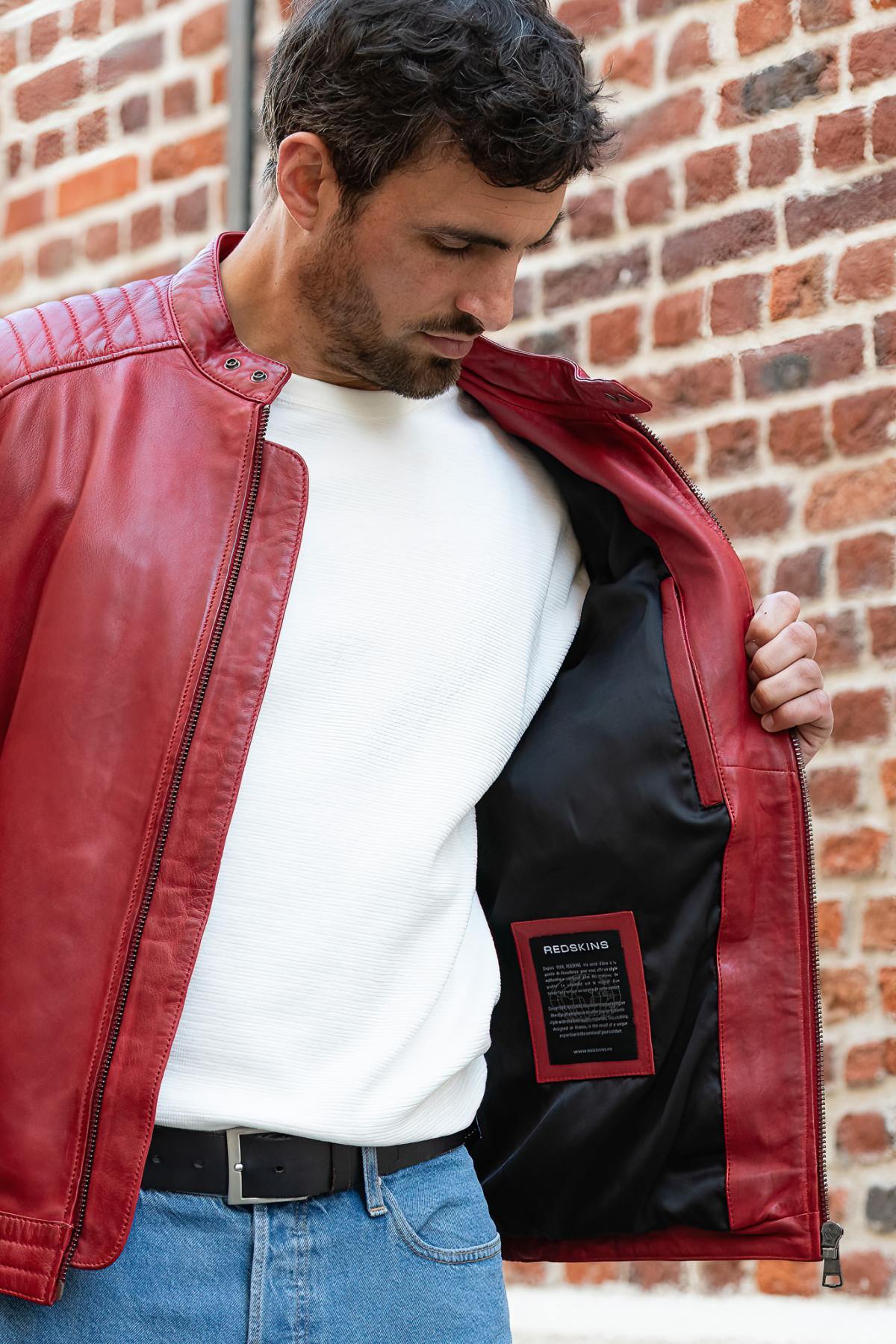 Red biker-collar leather jacket - Image n°7