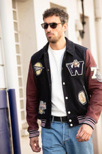 Teddy varsity jacket in navy blue and burgundy leather - Image n°1