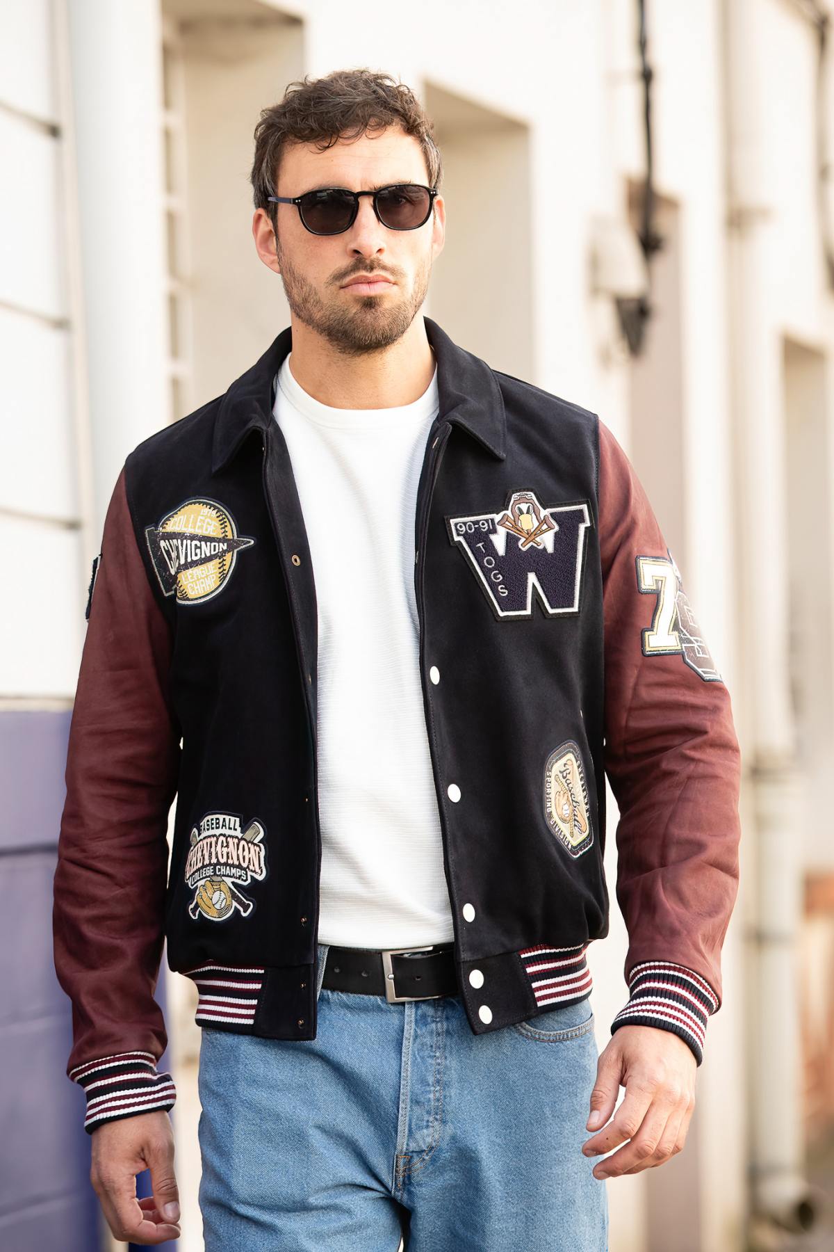 Teddy varsity jacket in navy blue and burgundy leather - Image n°5