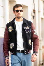 Teddy varsity jacket in navy blue and burgundy leather - Image n°5