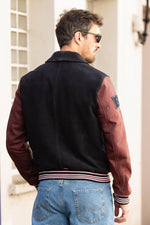 Teddy varsity jacket in navy blue and burgundy leather - Image n°4
