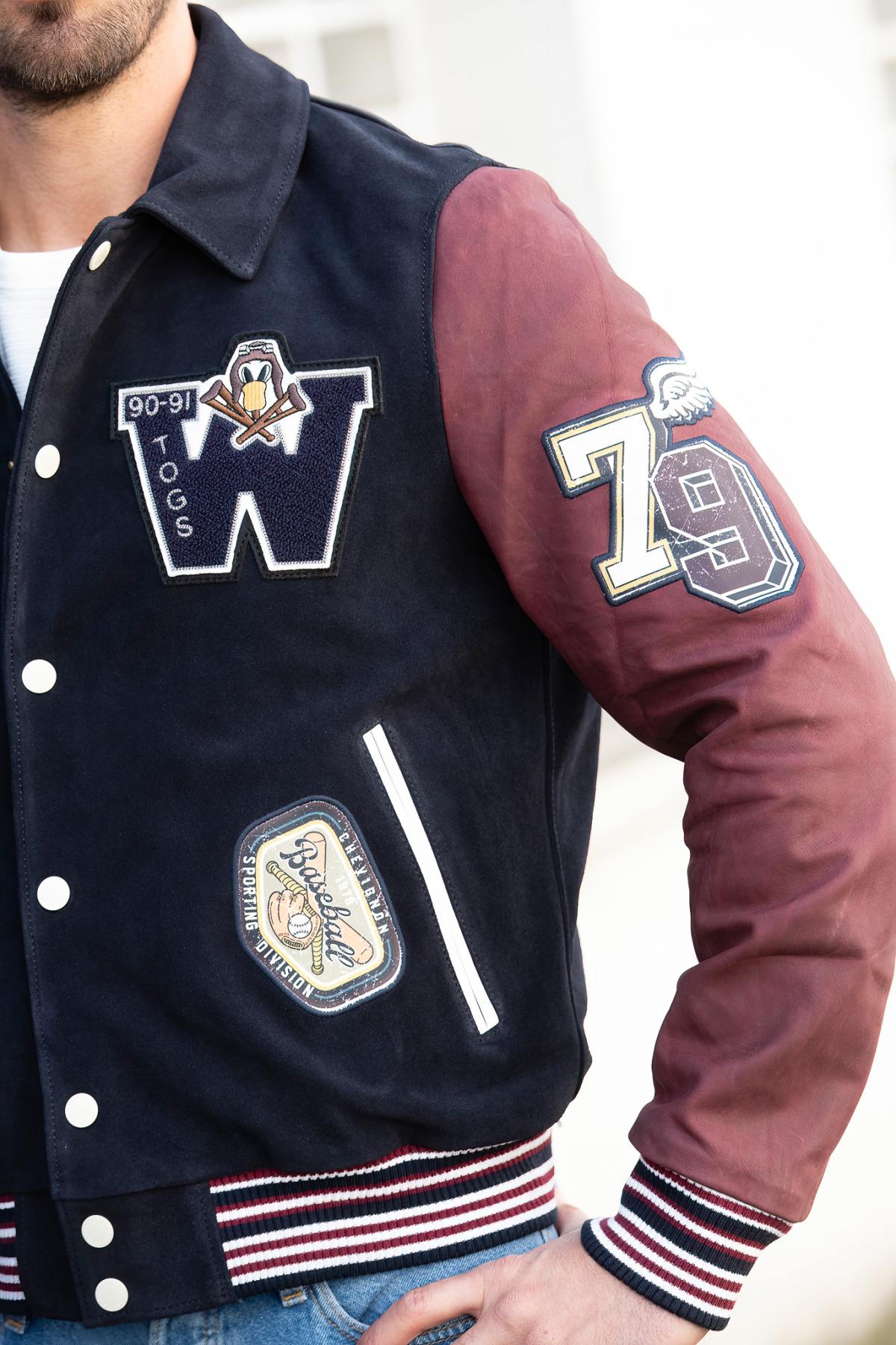 Teddy varsity jacket in navy blue and burgundy leather - Image n°6