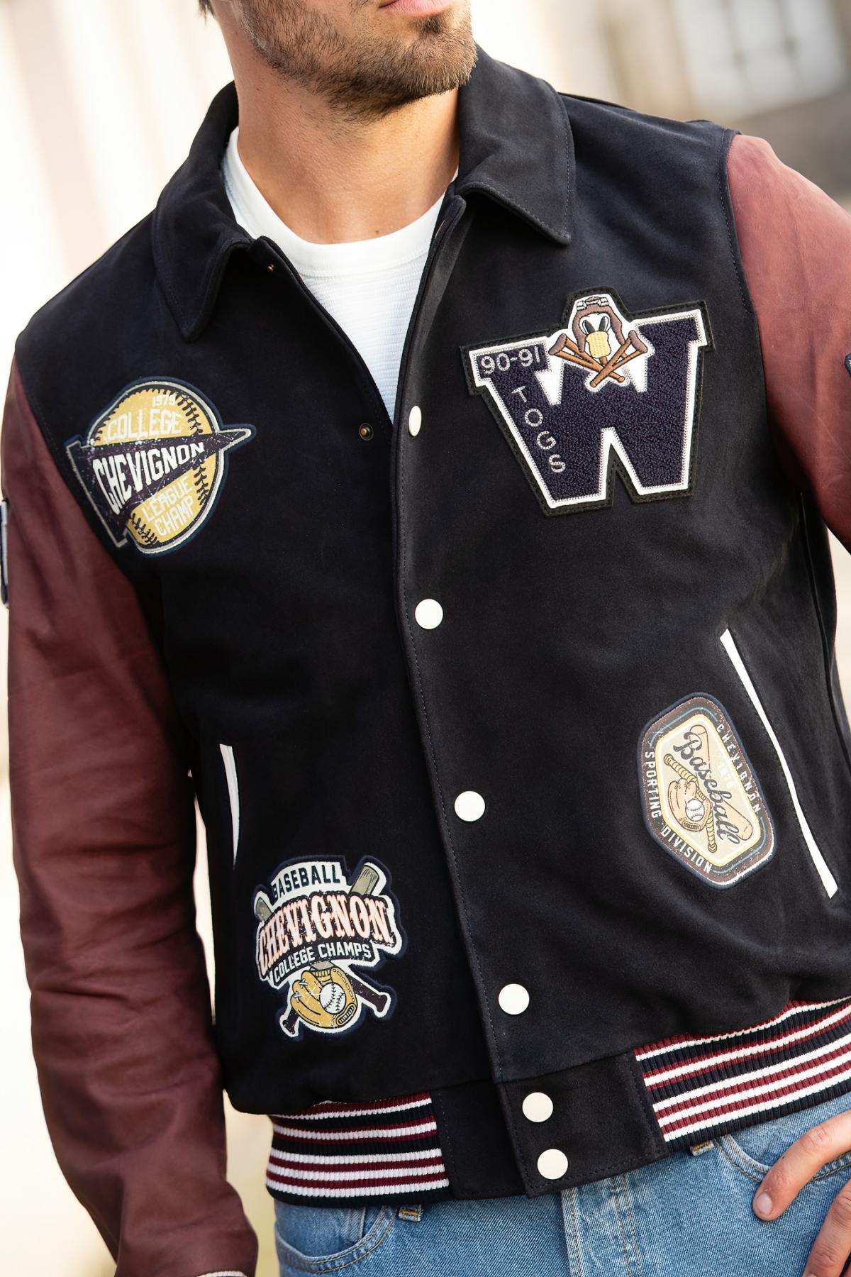 Teddy varsity jacket in navy blue and burgundy leather - Image n°2