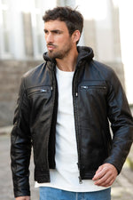 Premium black sheepskin jacket with a removable hood for any season. - Image n°1