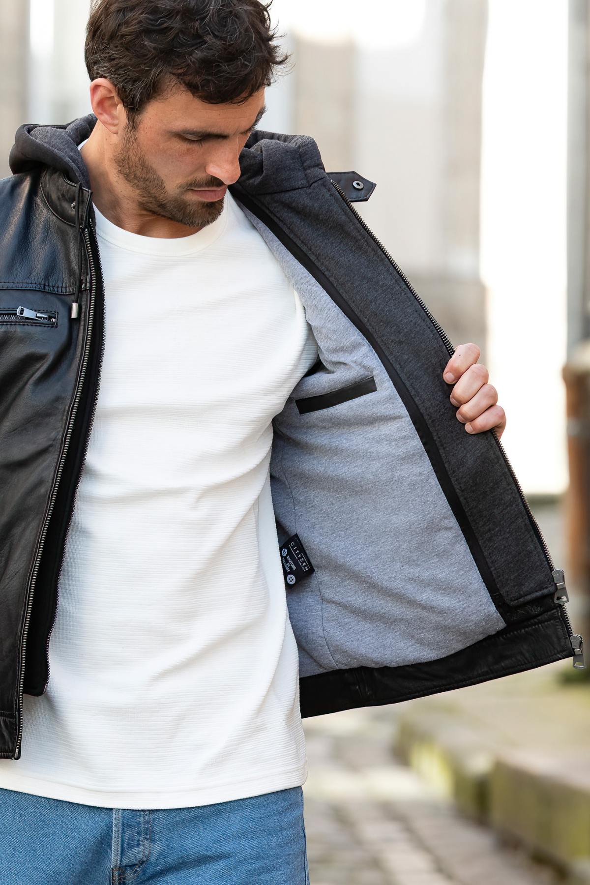 Premium black sheepskin jacket with a removable hood for any season. - Image n°7