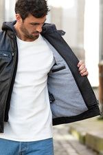 Premium black sheepskin jacket with a removable hood for any season. - Image n°7