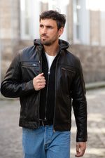 Premium black sheepskin jacket with a removable hood for any season. - Image n°2
