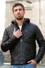 Premium black sheepskin jacket with a removable hood for any season. - Image n°5