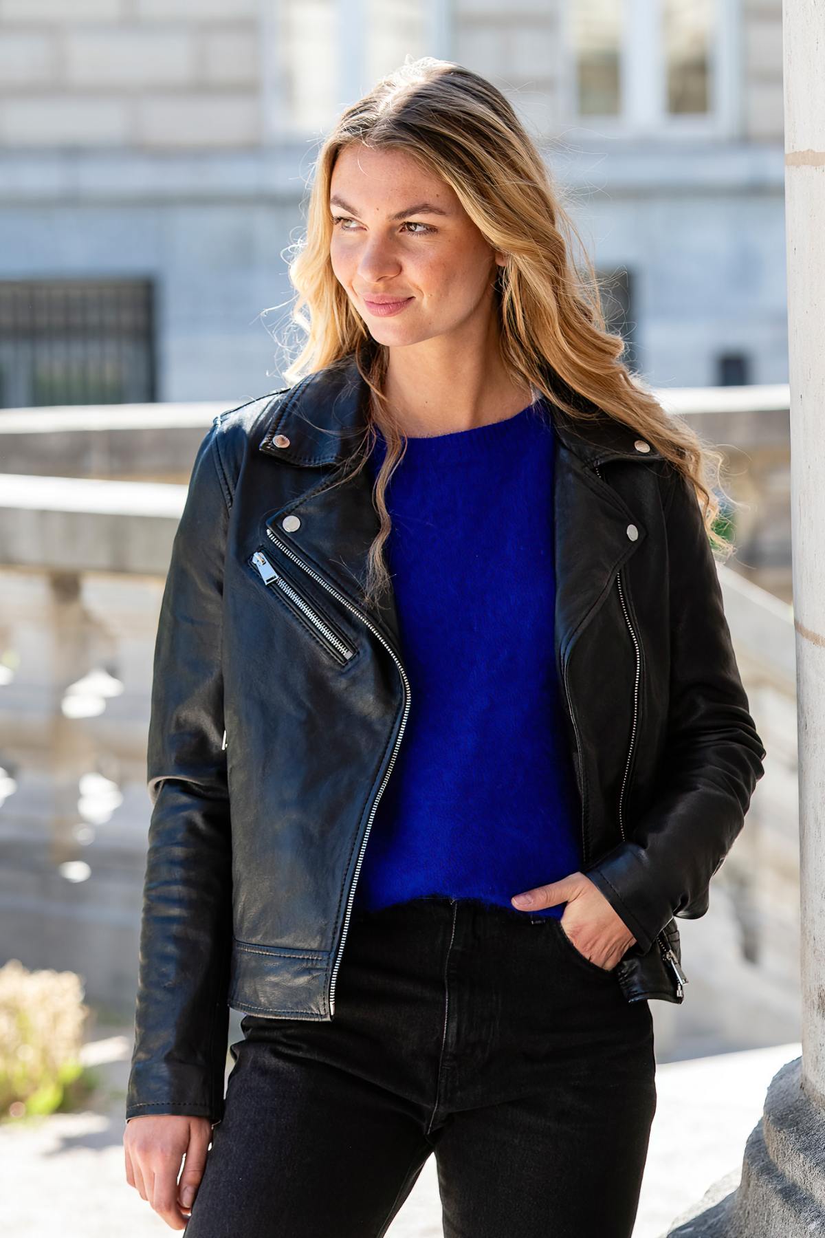 Black leather biker jacket with printed lining - Image n°1