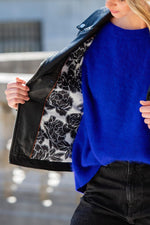 Black leather biker jacket with printed lining - Image n°5