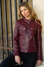 Women's dark pink leather biker-collar jacket - Image n°1