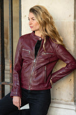 Women's dark pink leather biker-collar jacket - Image n°8