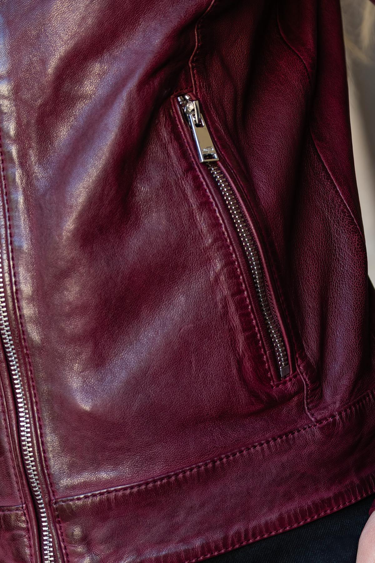 Women's dark pink leather biker-collar jacket - Image n°7