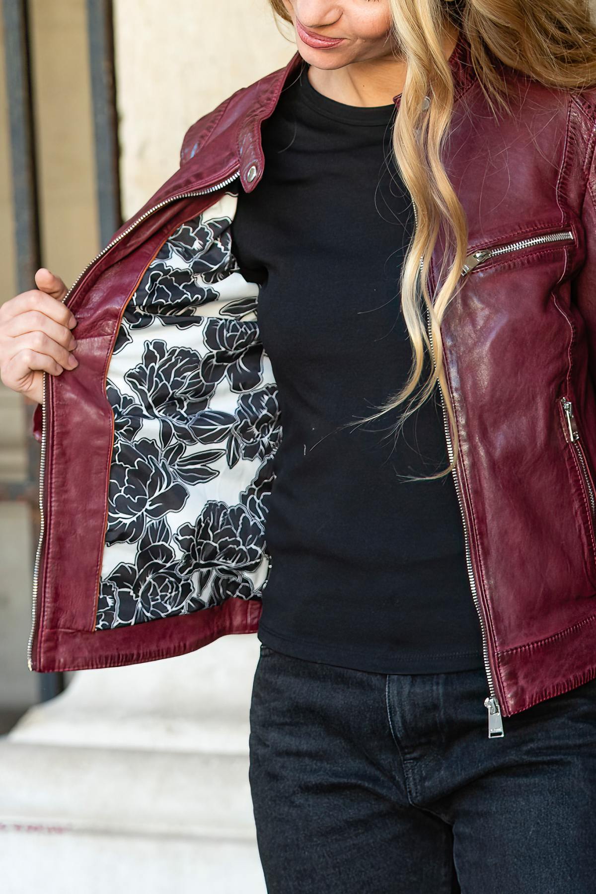 Women's dark pink leather biker-collar jacket - Image n°6