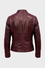 Women's dark pink leather biker-collar jacket - Image n°10