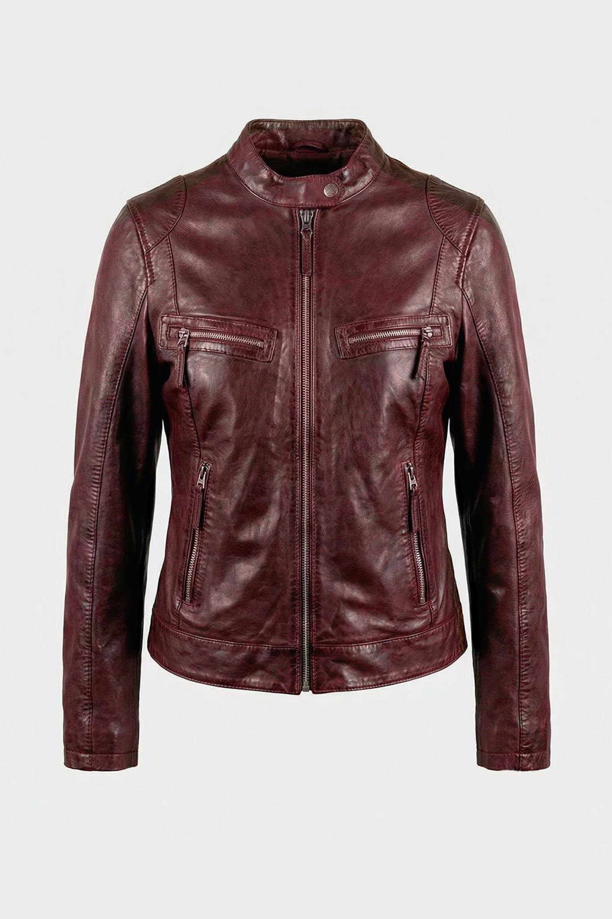 Women's dark pink leather biker-collar jacket - Image n°9