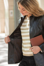 Elegant mid-length jacket in fine, lightweight brown leather - Image n°6