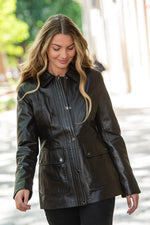 Brown leather mid-length shirt-collar jacket - Image n°1