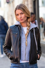 A black lambsheep leather jacket, slim fit, with a detachable hood. - Image n°8