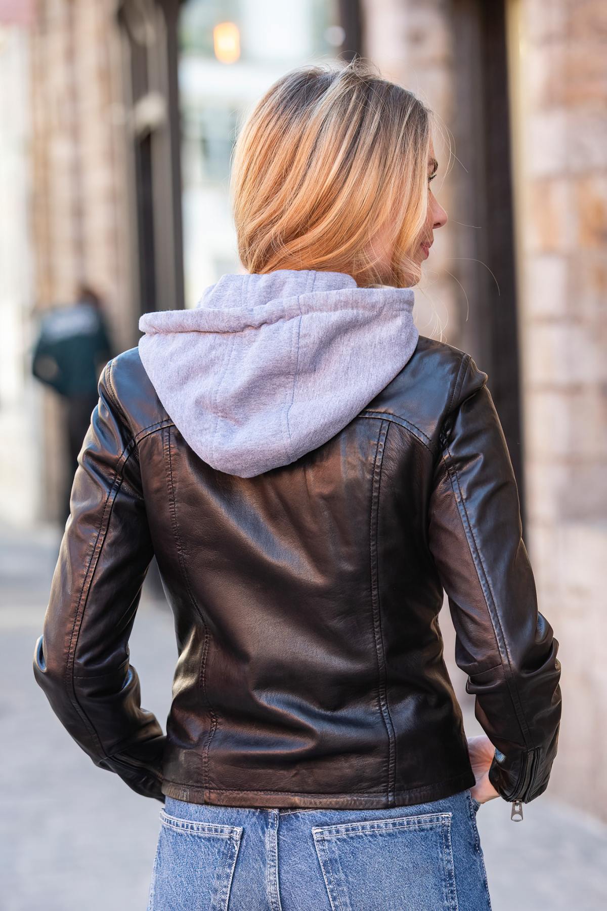 A black lambsheep leather jacket, slim fit, with a detachable hood. - Image n°2