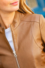 Women's brown perforated leather jacket with round neck - Image n°2