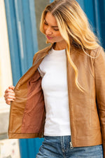 Women's brown perforated leather jacket with round neck - Image n°5