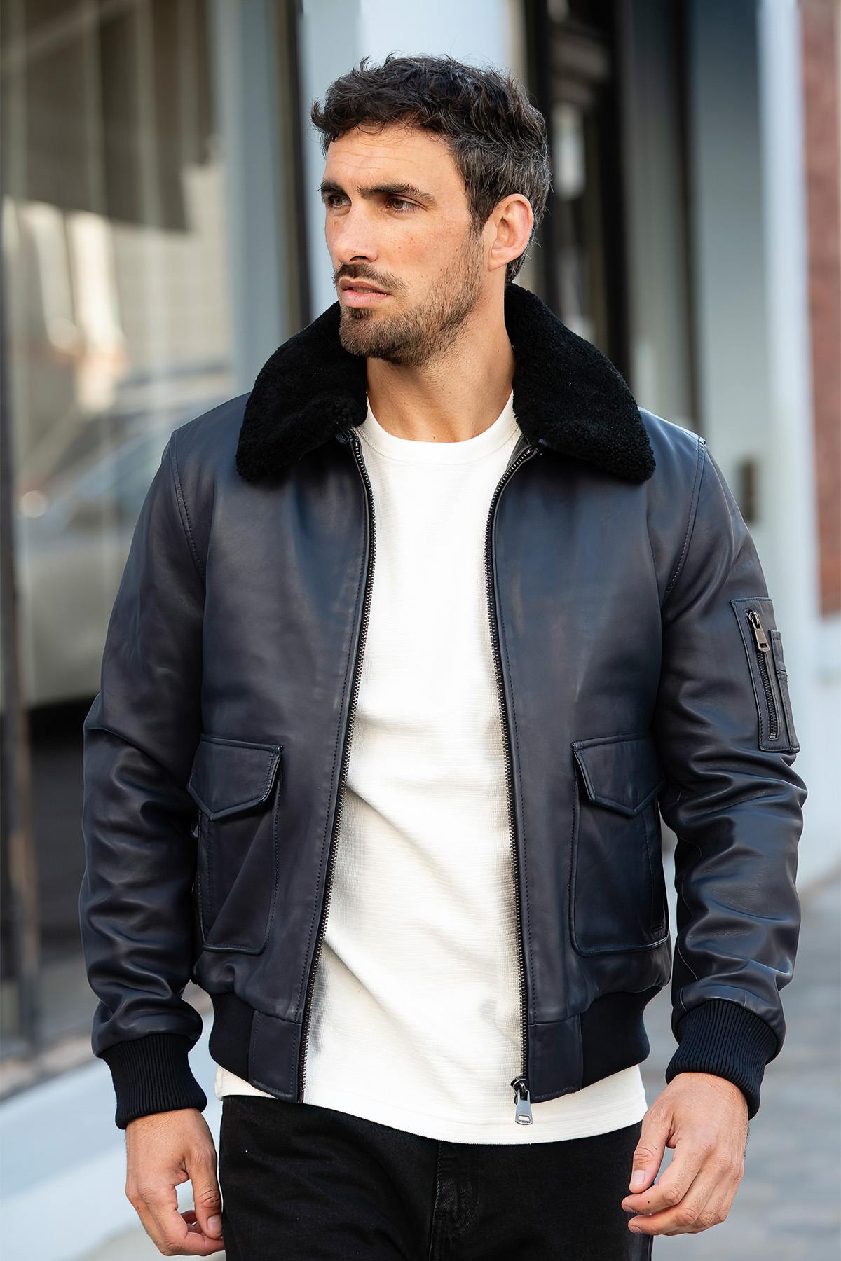 Cityzen's navy sheepskin jacket: slim fit, shearling-lined, timeless. - Image n°3